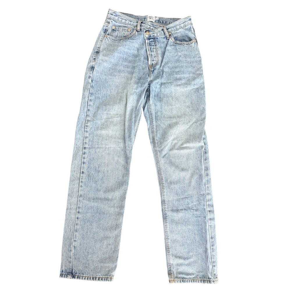 Princess Polly Holly Asymmetric Straight Leg Jean Light Wash High Waist Size 4
